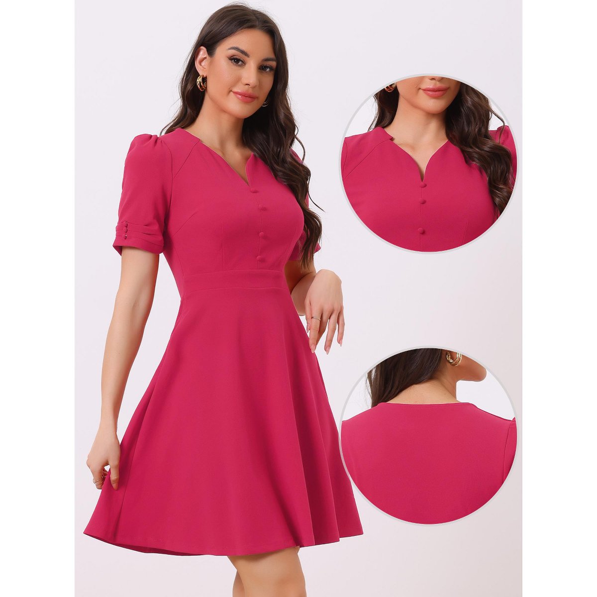 Женские платья INSPIRE CHIC Women's Elegant V Neck Puff Short Sleeve Work Office Flared Dresses Hot Pink Large — фото 2