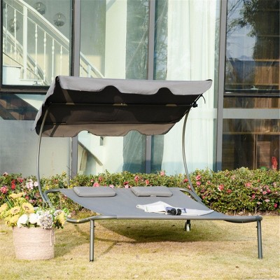 CAVINAS Folding Bed Beach Chair with Wheels & Headrest Pillows,Adjustable Canopy Lounge Chair for Outdoor,Lawn,Backyard