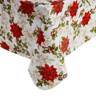 Festive Red Poinsettia Vinyl Tablecloth with Flannel Backing, 70" x 52"