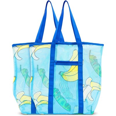 Zodaca 2 Pack Mesh Beach Bag with Blue Banana Design, Reusable Grocery Shopping Tote, 18 x 16 x 9 in