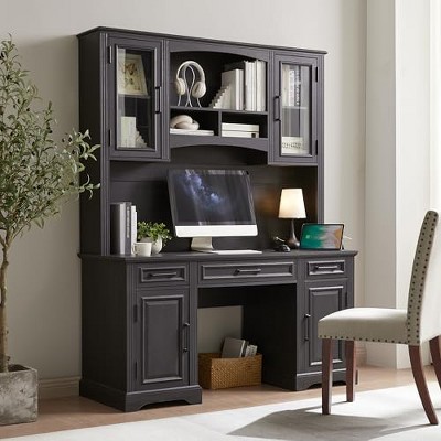 TAJSOON Farmhouse 76" Height Computer Desk with Hutch, Office Desk with Charging Station, Black