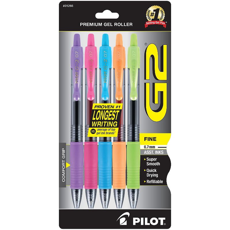 Pilot G2 Retractable Gel Pens Fine Point Assorted Ink 5/Pack (31266) 409473, 1 of 5