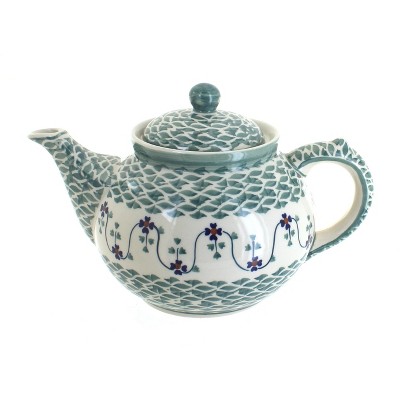 Blue Rose Polish Pottery Sage Floral Teapot