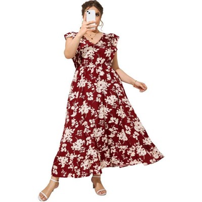 Coolmee Women's Plus Size Summer Boho Dress Ruffle Cap Sleeveless V Neck Long Beach Maxi Dress