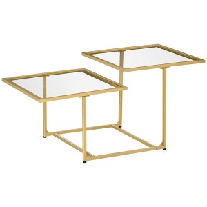 37.75" Tempered Glass Coffee Table with 2 Square Tabletops, Modern Living Room Coffee Table for Bedroom, Gold Metal Frame - 1 of 4