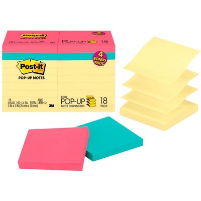 Post-it Pop-Up Original Notes Value Pack, 3 x 3 Inches, Assorted Colors, Pad of 100 Sheets, Pack of 18