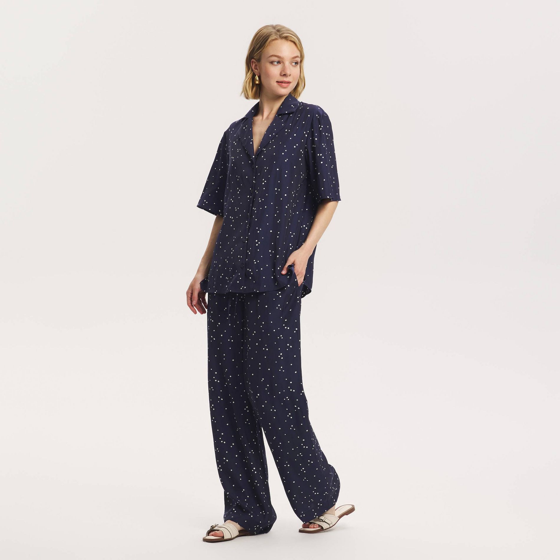 Women's High-Rise Full Leg Satin Pull-On Pants - A New Day™ Navy Blue Dot