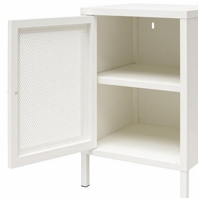 White Metal End Table with Perforated Mesh Door and Storage