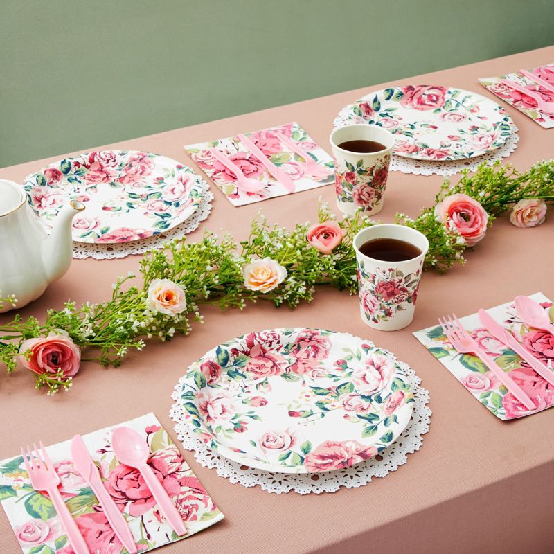 Blue Panda 144 Piece Vintage Style Tea Party Supplies with Pink Floral Paper Plates, Napkins, Cups, and Cutlery, Disposable Tableware Set, Serves 24, 2 of 9