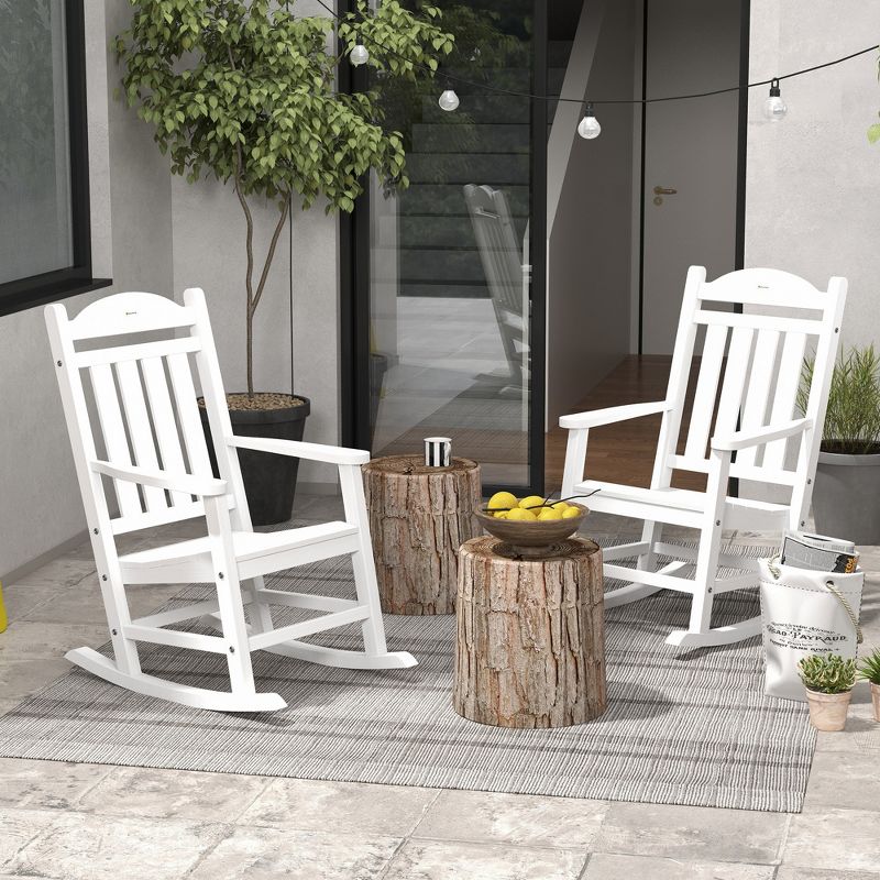 Outsunny Outdoor Rocking Chair, 2PCs Traditional Slatted Porch Rocker with Armrests, Fade-Resistant Waterproof HDPE for Indoor & Outdoor, White, 3 of 7