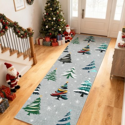 Runner Rug,Washable Rug for Home Decor, Indoor Non Slip Carpet,Soft Low Pile Christmas Rugs with Xmas Tree Motif for Entryway,Living Room,Bedroom