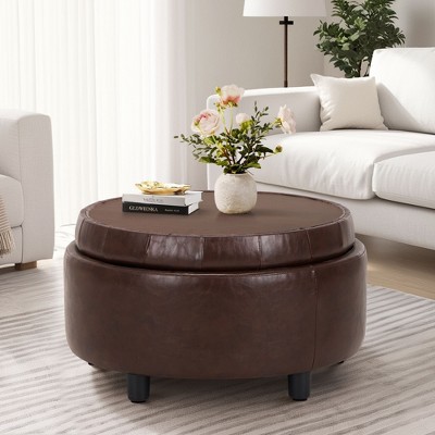 Round Fabric Storage Ottoman with Reversible Tray Lid – 3-in-1 Footrest, Hidden Storage, Small Coffee Table – 25”x25”