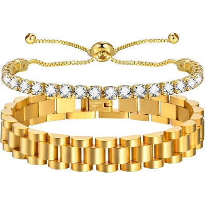 2pcs Gold Chain Link Bracelet, Stainless Steel Crystal Friendship Bracelets Bangle,Watch Band Chains Wristband