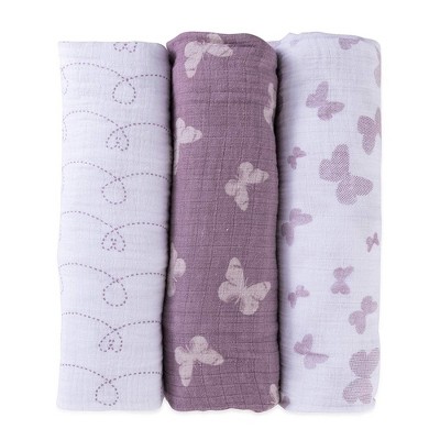 Ely's & Co. Cotton Muslin Swaddle Blanket Lavender Butterfly Design 3 Pack