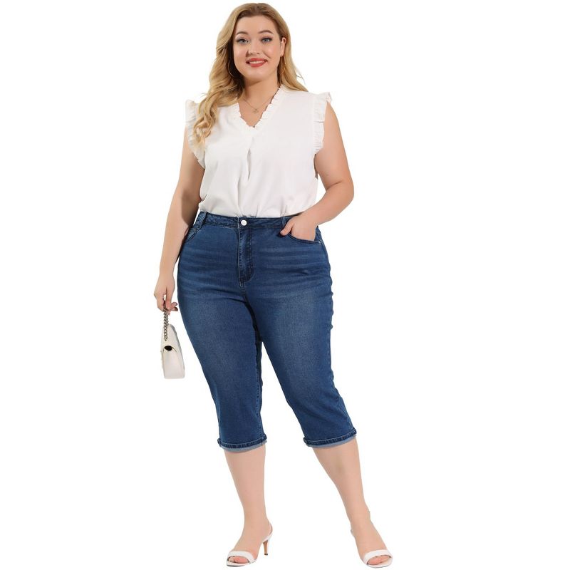 Agnes Orinda Women's Plus Size Jeans Zipper Back Yoke Stretch Roll Up Cuff Denim Pants, 3 of 7