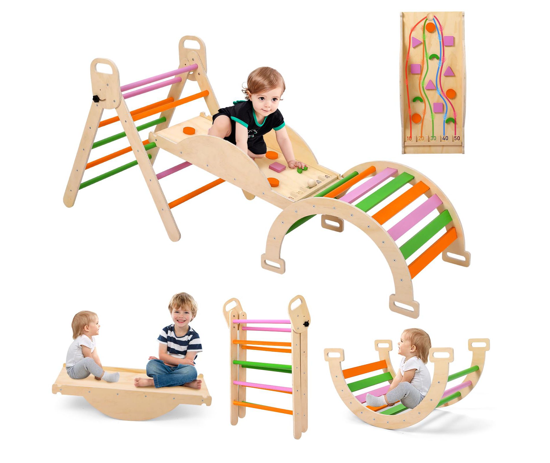 Foldable 9-in-1 Wooden Climbing Set for Toddlers & Kids ¨C Triangle, Arch, Pinball & Seesaw | Heavy Duty Indoor Jungle Gym Playground