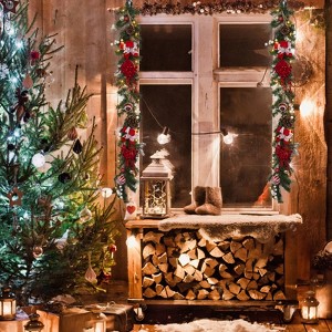 6ft Christmas Garland with Lights | Battery-Powered Pine Cone Garland w/Berries, Bows, Flowers & Ball Ornaments for Fireplace Mantle - 1 of 4