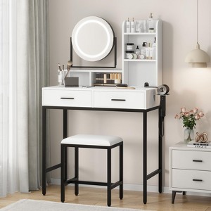 53.4" Adjustable Vanity Desk, Vanity Desk with Rotating Mirror and Storage Shelves, Makeup Table with Power Outlet and Stool, for Bedroom - 1 of 4