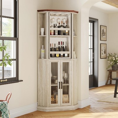 Corner Bar Cabinet, 68.5" Tall Farmhouse Wine Cabinet with Rotating Liquor Shelves with Barn Door & Adjustable Shelves