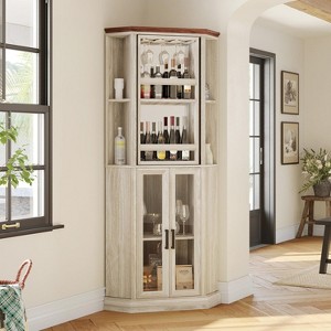 Corner Bar Cabinet, 68.5" Tall Farmhouse Wine Cabinet with Rotating Liquor Shelves with Barn Door & Adjustable Shelves - 1 of 4