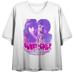Westbursy Sonny and Cher Music Art Women's White Crop Tee With Short Sleeves and Crew Neck - 1 of 3