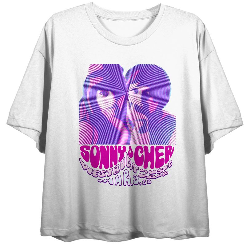 Westbursy Sonny and Cher Music Art Women's White Crop Tee With Short Sleeves and Crew Neck, 1 of 3