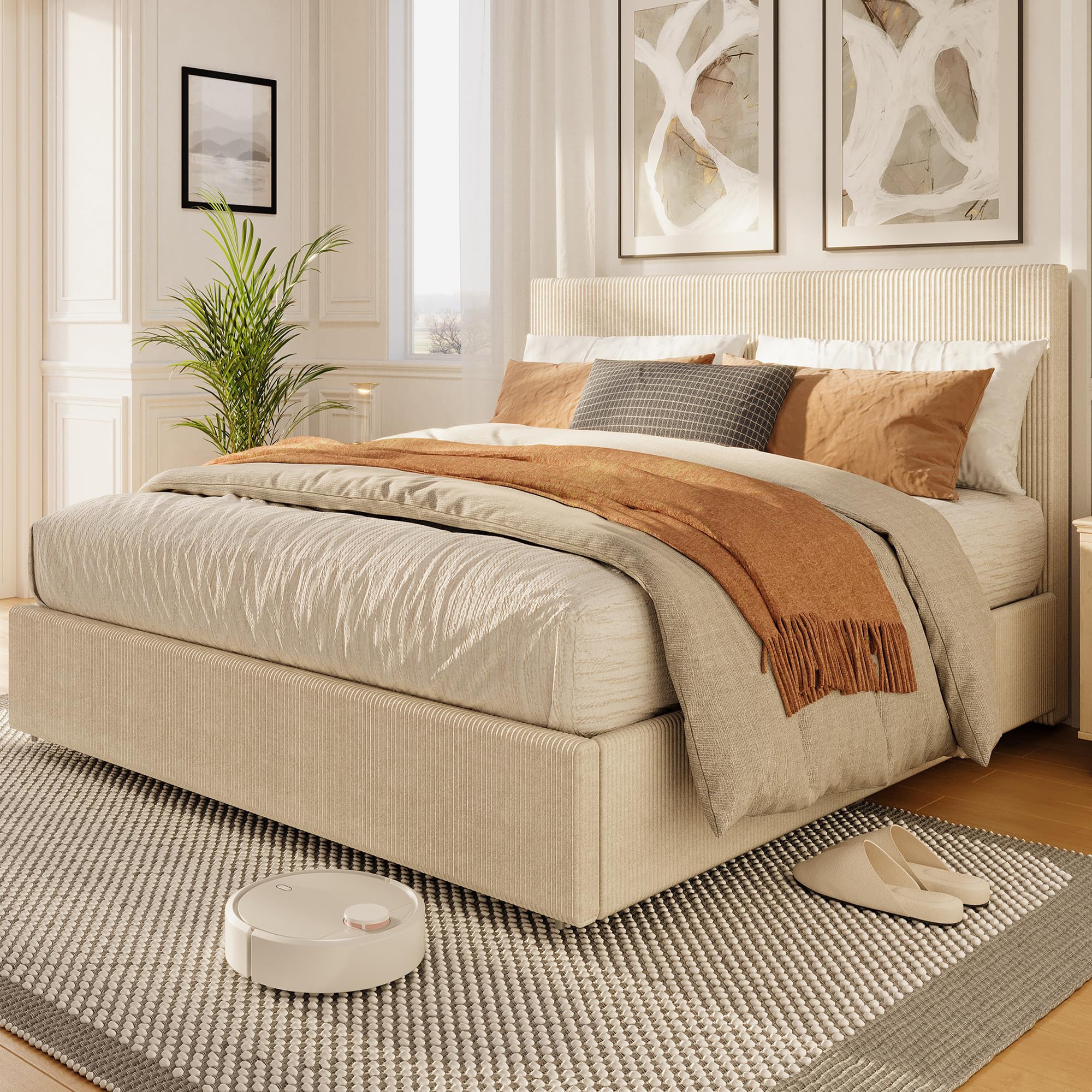 CuisinSmart Queen Size Corduroy Bed Frame with Headboard, Platform Upholstered Bed Frame with 4 Storage Drawers and Wooden Slats Support