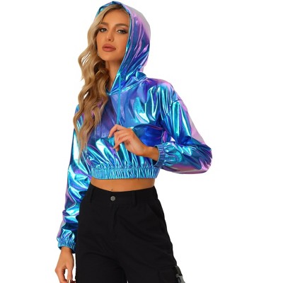 Allegra K Women's Crop Hoodies Holographic Shiny Metallic Sweatshirts