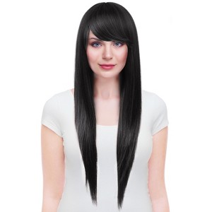 Silky Long Straight Synthetic Wig with Bangs Natural Jet Black Full Wig for Women Daily Cosplay Party - 1 of 4