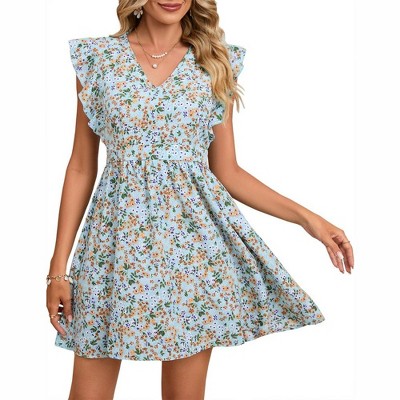 Women's Summer Swing Mini Dress Floral V Neck Short Sleeve Backless A-Line Flare Short Dress