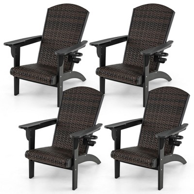 Tangkula Set of 4 Adirondack Chair w/ Rattan Padded Seat & Back Wide Hidden Cupholder Patio