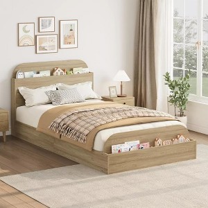 Twin Size Bed Frame, Wooden Beds with Storage Headboard and Raised-Foodboard for Kid, Twin-Floor Low Platform Bed for Bedroom, No Box Spring - 1 of 4