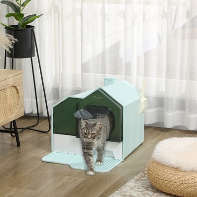 Light Blue House Shape Hooded Cat Litter Box with Drawer