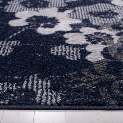 Chic Navy and Silver Synthetic 2'6" x 12' Floral Runner Rug