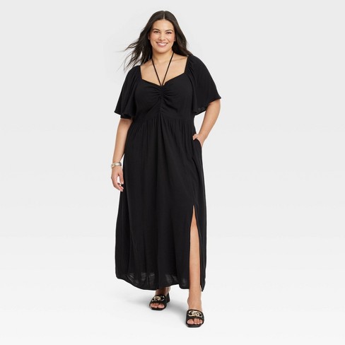 Women's Flutter Short Sleeve Maxi A-line Dress - Ava & Viv™ Black 3x :  Target