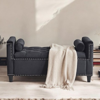 Alilang 44.50 inches Tufted Velvet Bench with Rolled Armrests and Nailhead Trim-Black