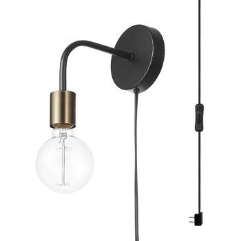 Holden 1-Light Long Arm Matte Black Plug-In or Hardwire Wall Sconce with Brass Socket - Globe Electric