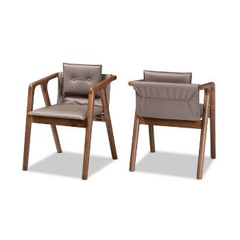 2pc MarcenaLeather Upholstered and Wood Dining Chair Set Gray/Walnut Brown - Baxton Studio: Elegant Button-Tufted, Ergonomic Armrests