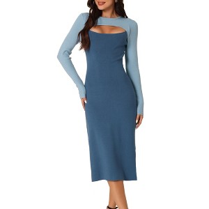 Seta T Women's Fall Color Block Round Neck Cut Out Front Long Sleeve Slit Hem Knit Sweater Midi Dress - 1 of 4