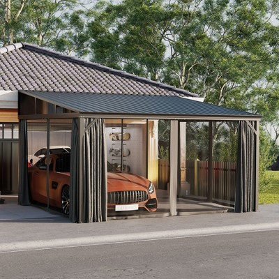 FUFU&GAGA Modern Wall Outdoor Patio Gazebo with Galvanized Steel Hardtop Aluminum Frame, Removable Curtains & Deep Gray Mosquito Netting