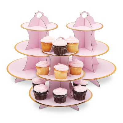 Sparkle and Bash 3 Pack 3-Tier Cardboard Cupcake Stand for Baby Shower (12 x 12 in, Pink)