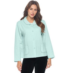 Casual Nights Women's Button Front Quilted Cotton Blend Sleep Bed Jacket Top with Pockets - Mint Green - 3X-Large - 1 of 4