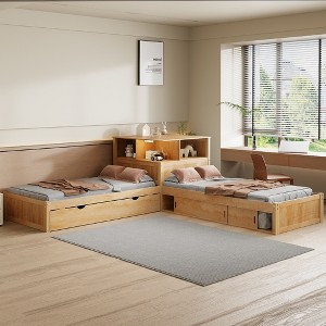 Whisen Twin Size L-shaped Platform Bed with Trundle and Drawers Linked with built-in Desk - 1 of 4