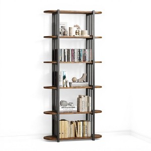GustoWave 6 Tier Industrial Bookshelf, 71 Inch Tall Narrow Wooden Bookcase with Iron Frames, Compact Open Display Shelving Unit, Apartments - 1 of 4