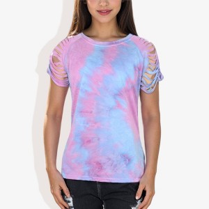 Anna-Kaci Women's Short Sleeve Tie-Dye Top with Cut-Out Shoulder Design Casual Summer T-Shirt - 1 of 4