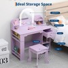 Kids Vanity with Lighted Mirror & Stool, Little Girls Vanity with Adjustable LED Light, Bookshelf, Storage Drawer & Shelves for Girls 3-9 - 4 of 4