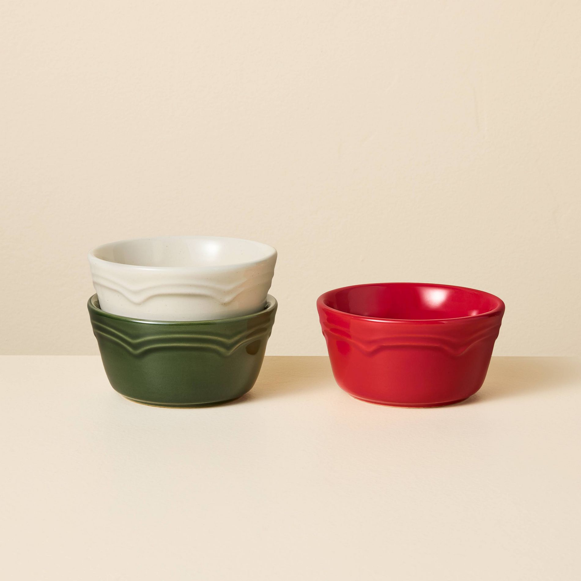 Set of 3 10 fl oz Ceramic Mini Bowl Red/Green/Sour Cream - Hearth & Hand™ with Magnolia