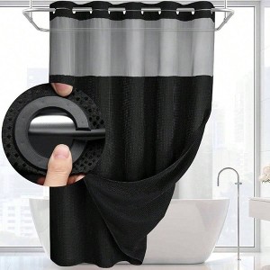 No Hook Shower Curtain with Snap in Liner Set Black Waffle Bathroom 75 inch Lx 72 inch - 1 of 4
