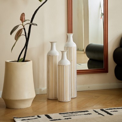 NicBex Modern Floor Vases Set of 3, Glazed Metal Center Vase for Dried Flowers,  Large Standing Vase for Living Room Hallway Corner