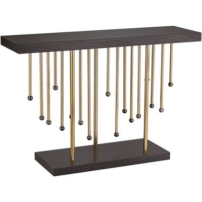 55 Downing Street Rain Modern Gold Rectangular Console Table 48" x 13 3/4" Raindrop Strands Hanging Black Tabletop for Living Room
